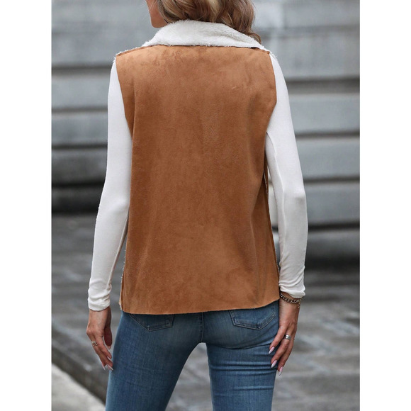 🌟 Teddy shearling Lined Open Front Vest vegan suede - Picture 2 of 8